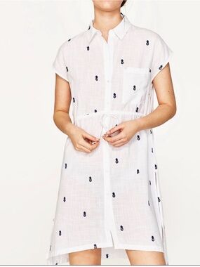Zara Cream Drawstring Midi Coverup with Navy Pineapple Embroidery Medium